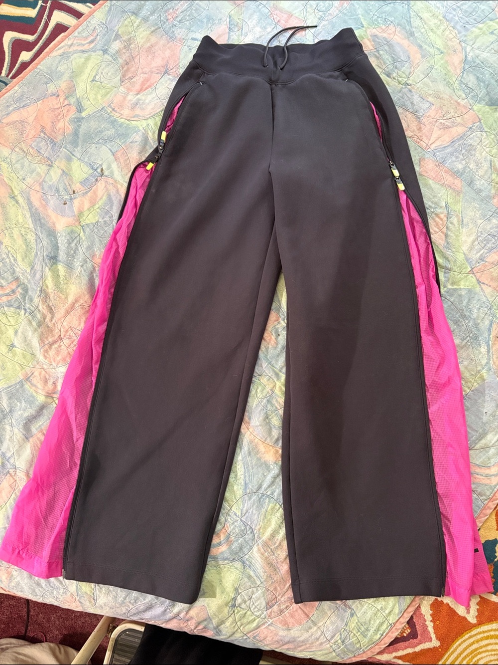 Black Wide-Leg Track Pants with Hot Pink Side Panels has zipper to close-medium